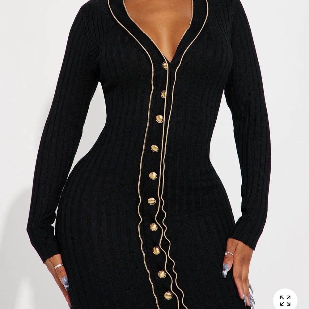 Fashion Nova Black Ribbed Long-Sleeve Midi Dress with Gold Trim